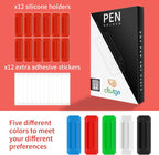 12 Pack Pen Holder for Desk, Silicone Pencil Holder with 12 Extra Adhesive Stickers, Adhesive Pen Holder & Marker Clip for Classroom Office Desk or Any Surface, Teacher Accessories Supplies (Red)