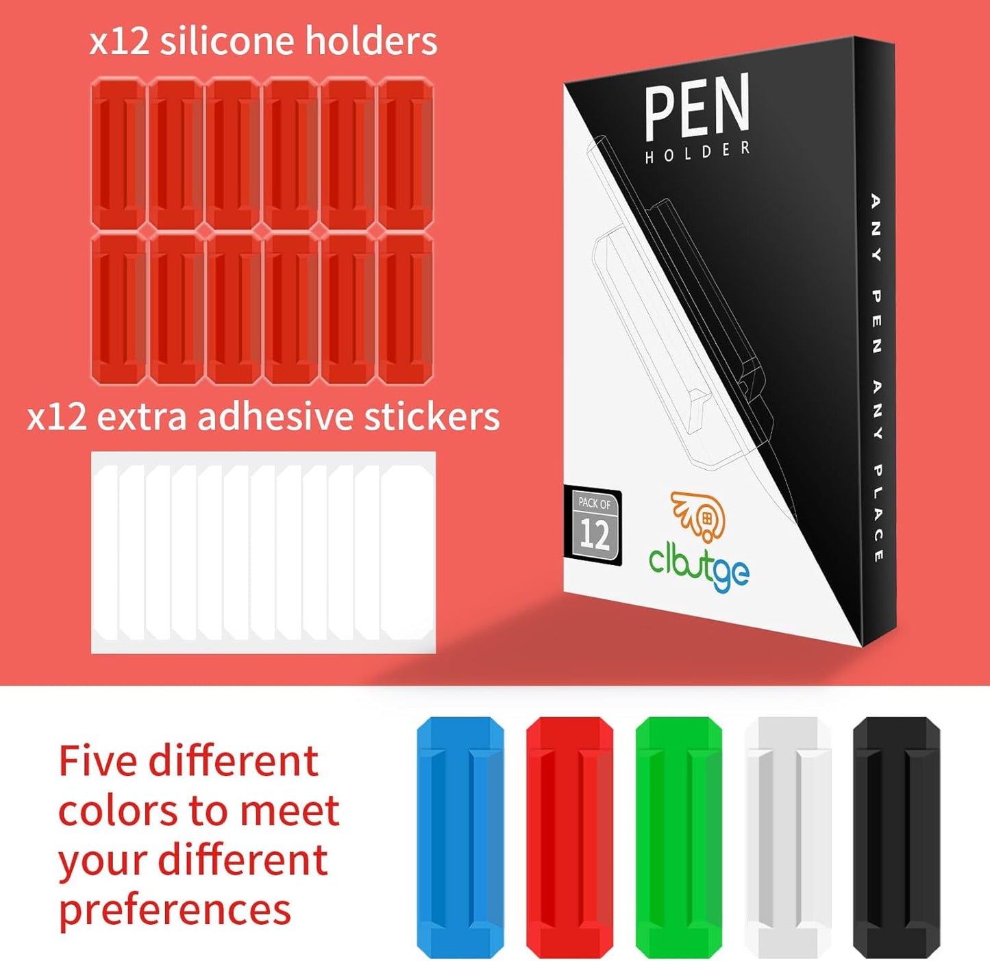 12 Pack Pen Holder for Desk, Silicone Pencil Holder with 12 Extra Adhesive Stickers, Adhesive Pen Holder & Marker Clip for Classroom Office Desk or Any Surface, Teacher Accessories Supplies (Red)