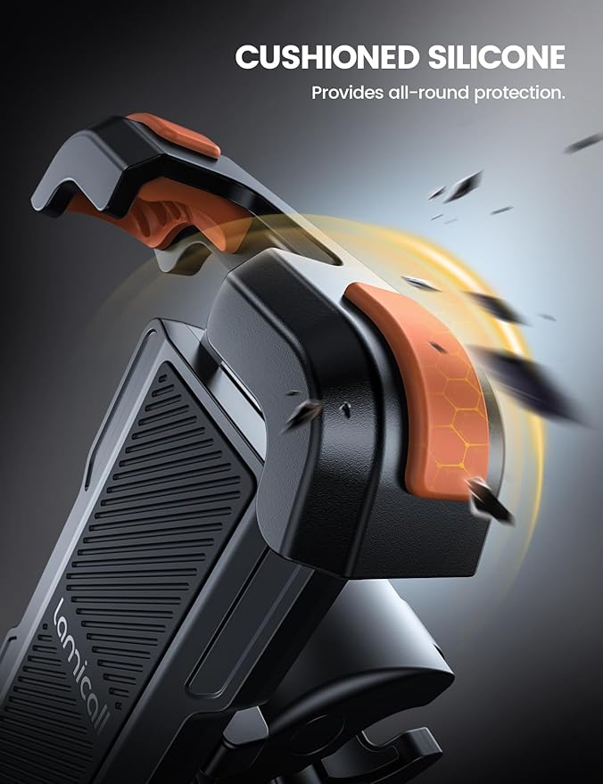 Lamicall Motorcycle Phone Mount, Bike Phone Holder - Upgrade Quick Install Handlebar Clip for Bicycle Scooter, Cell Phone Clamp for iPhone 15 14 13 Pro Max, Galaxy S23 and More 4.7-6.8" Phone, Orange