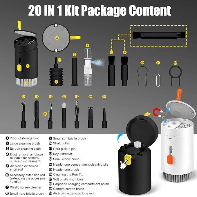walrfid 2 Pack Laptop Phone Screen Cleaner Kit, Computer Keyboard Brush Cleaning Spray for iPhone AirPods MacBook iPad, 20-in-1 Electronic Device Tool for Camera Earbud TV Car Screens, Black White