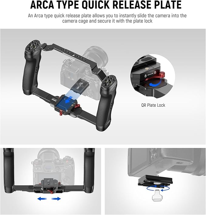 NEEWER Video Camera Cage Rig with Arca Type Quick Release Plate, Double Handles, 3/8" ARRI 1/4" Threads, Cold Shoes, Universal Camera Stabilizer, Compatible with SmallRig NEEWER Base Plate, CA077