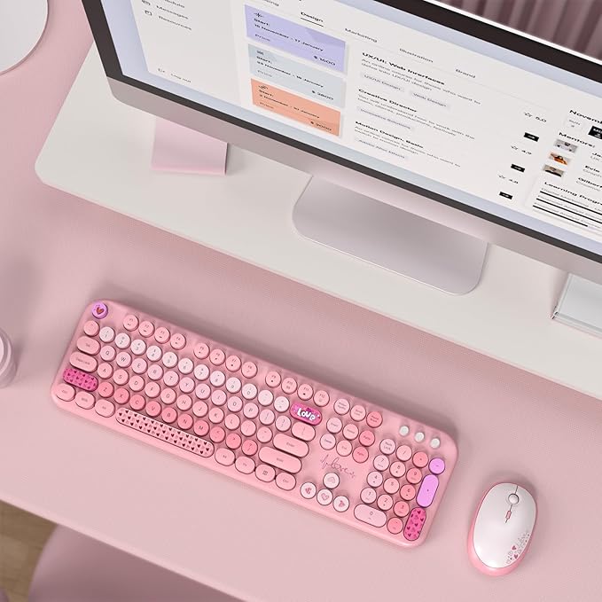 KNOWSQT Wireless Keyboard and Mouse Combo - Lovely Pink Rainbow Full-Sized Typewriter Colorful Keyboards, Round Keycap USB Plug Play Retro Cute Keyboards for Windows, Laptop, PC, Desktop, Computer
