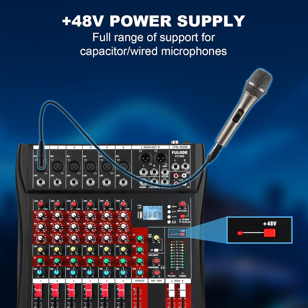 6 Channel Audio Mixer, Professional Music Mixer Board DJ Mixing Console with Bluetooth, USB/MP3 Player, Reverb, and 48V Phantom Power for Studio Recording, Karaoke, and Live Performances