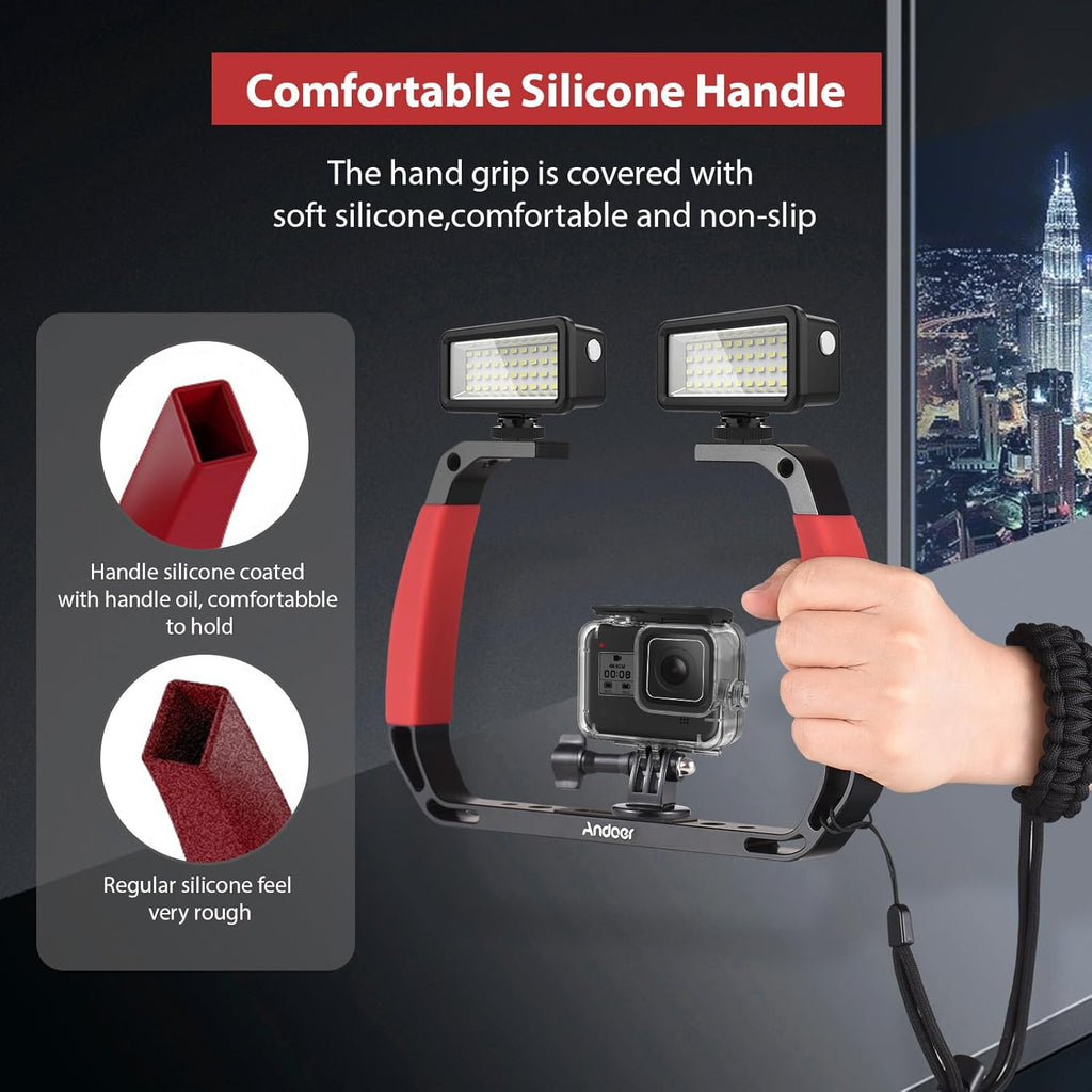 Andoer Cage Advanced Cage Kit Mounting Kit for Camcorder Aluminium Alloy Sports Camera Underwater Diving Rig Portable Stabilizer for Action Camera Cage Dive Rig, red