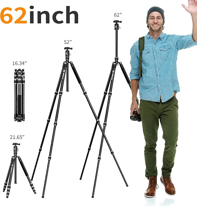 Carbon Fiber Camera Tripod, 62" Professional Video Tripod for Camera with 360° Ball Head, 1/4" Arca QR Plate, Compact Lightweight Travel Monopod for DSLR/Smartphone, Max Load 17.6 lbs/8kg