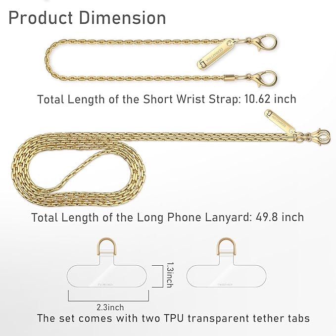 Metal Phone Chain, Crossbody Detachable Phone Lanyard with 1*Wrist Strap & 2* Tether Tabs for iPhone and Smartphones (PaleGold,Extend)