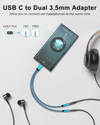 Headphone Splitter for 2 Headphones, USB C to Dual 3.5mm Female Aux Splitters for iPhone 17 17 Pro Max 16e, Google Pixel 10, Samsung Galaxy S25 Ultra, Audio Jack Adapter Earphone Connector - Blue