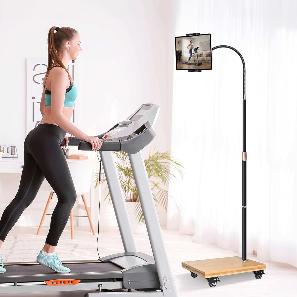 wishacc Tablet Floor Stand with Adjustable Gooseneck Mount, Swivels and Wheels for Bedside, Compatible with iPad, Galaxy Tab, Kindle and Phones