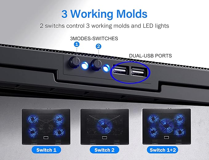 Laptop Cooling Pad 17inch 15.6 14 13 12inch Gaming Cooler Pad Chill Mat 5 Quiet Fans LED Lights and 2 USB 2.0 Ports Adjustable Mounts Laptop Stand Height Angle