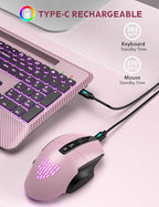 Wireless Keyboard and Mouse Backlits, Wrist Rest, LED Mouse, Rechargeable Ergonomic Keyboard with Phone Holder, Silent Light Up Combo for Computer, Mac, PC, Laptop, Chromebook (Rose Gold)