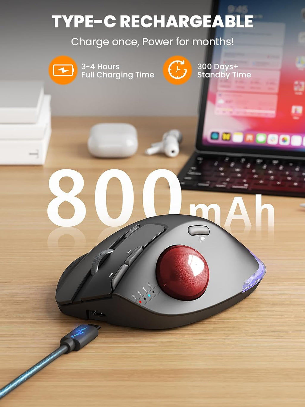 Wireless Trackball Mouse, Ergonomic Bluetooth Rechargeable Computer Mouse, Backlit Rollerball Thumb Laptop mice with 5 Level DPI, Adjustable Angle, 3 Devices Connection for PC, Windows - Red Ball