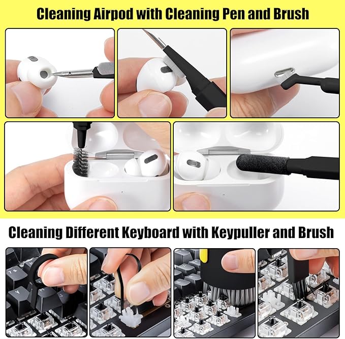 walrfid Laptop Phone Screen Cleaner Kit, Computer Keyboard Brush Cleaning Spray for iPhone AirPods MacBook iPad, 20-in-1 Electronic Device Clean Tool for Camera Earbud Car Screens (Black)