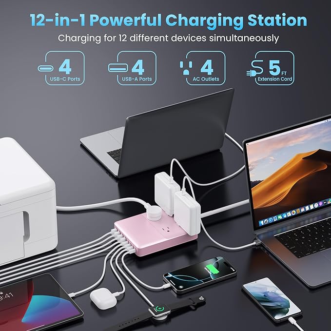 12-in-1 Charging Station USB C Power Strip with 5ft Cord,200W GaN IV USB C Charger Block,4 AC Outlets,4 USB-A,4 USB-C for MacBook,iPhone 16/15/14,Fast Charging Desktop Charger for Office (Pink)