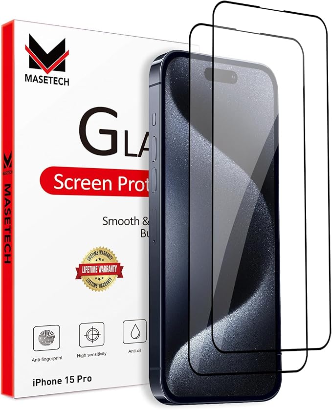Screen Protector Tempered Glass Compatible with Apple iPhone 15 Pro (2 Pack)