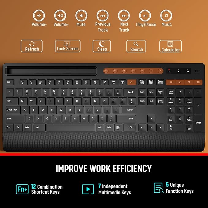 Trueque Wireless Keyboard and Mouse Combo - Full-Size Quiet Keyboard with Palm Rest, Phone Holder, Multimedia Keys, Power Switch, Compatible with Windows, Chrome OS, PC, Laptop (Batteries Included)