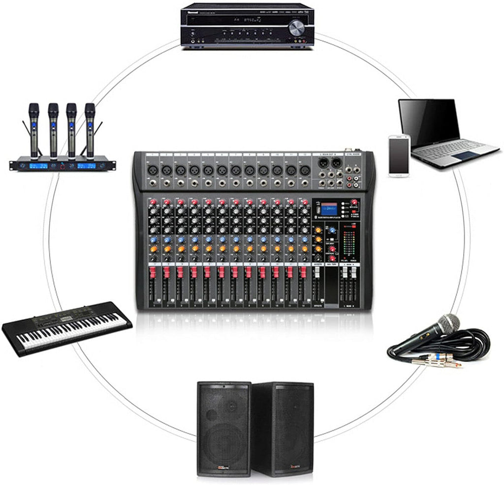Pro 12 Channels Live Audio Mixer Bluetooth USB DJ Sound Mixing Console with 3 Stage Equalization Regulate 6 Modes Of Music for Family Ktv,Campus Speech,Meeting
