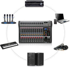 Pro 12 Channels Live Audio Mixer Bluetooth USB DJ Sound Mixing Console with 3 Stage Equalization Regulate 6 Modes Of Music for Family Ktv,Campus Speech,Meeting