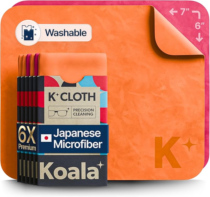 Koala Lens Cleaning Cloth | Japanese Microfiber | Glasses Cleaning Cloths | Eyeglass Lens Cleaner | Eyeglasses, Camera, VR/AR Headset, and Screen Cleaner | Pink & Orange (Pack of 6)