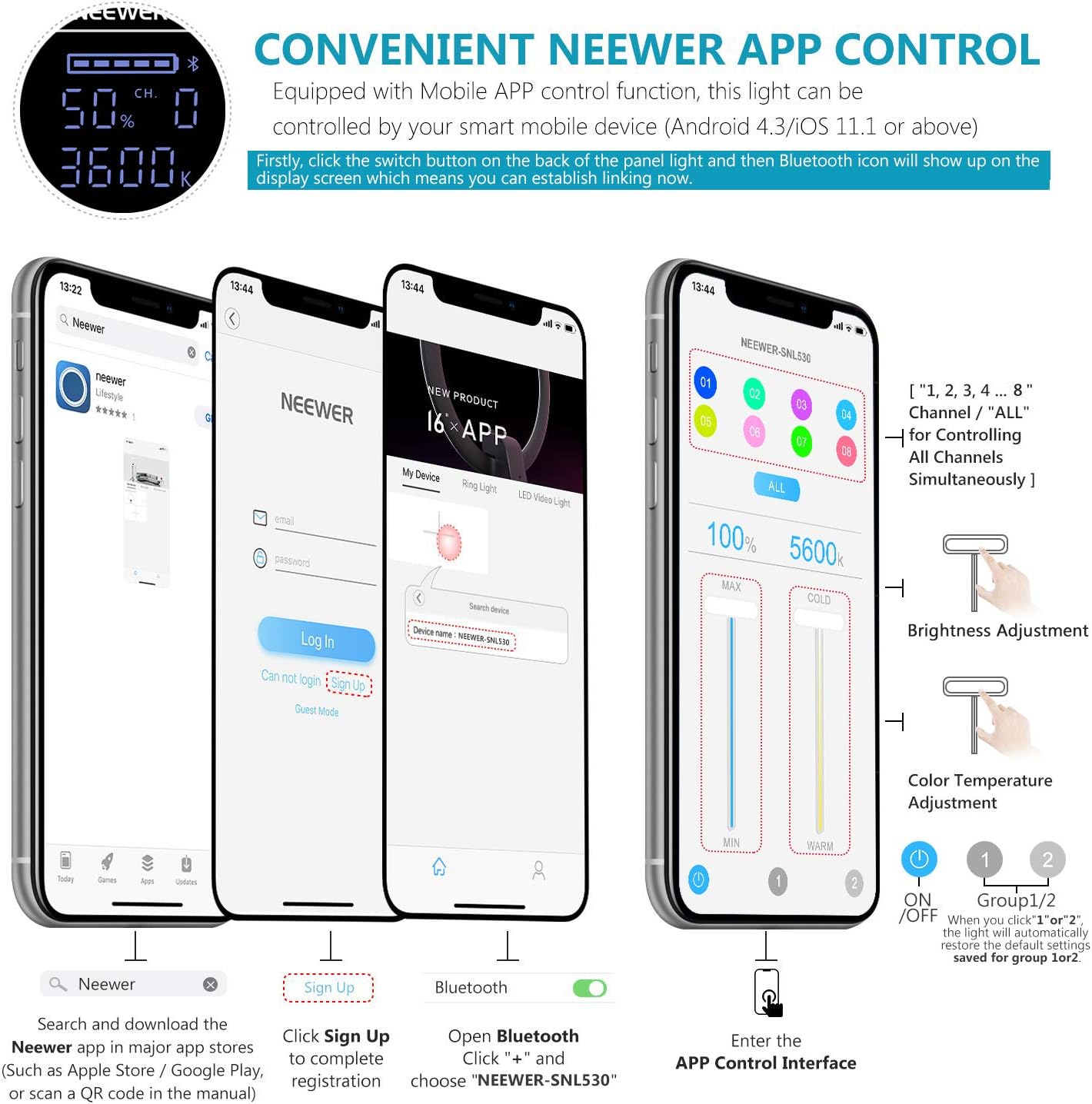 Neewer 2-Pack 530 LED Video Lighting Kit with APP Control, Dimmable Bi-Color 3200K~5600K Video Light with U Bracket, Barndoor, Stand and Bag for Photography/YouTube/Live Streaming/Zoom Meeting