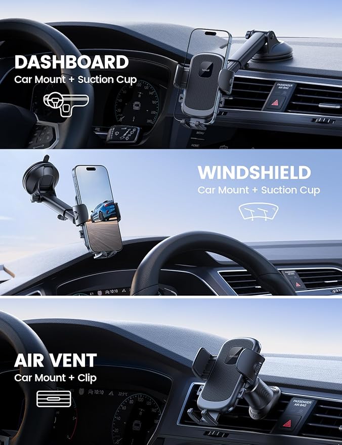 Lamicall Car Phone Holder Mount [3-in-1 Military-Grade Suction Cup] 360° Rotation Phone Holders for Your Car [Metal Hook] Cell Phone Car Mount Dashboard Vent Windshield for iPhone 16 All Smartphone