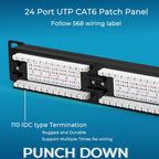 Rapink Patch Panel 24 Port Cat6 10G Support, Network Panel UTP 19-Inch, Wallmount or Rackmount 1U Ethernet Patch Panel Punch Down Block for Cat6, Cat5e, Cat5 Cabling