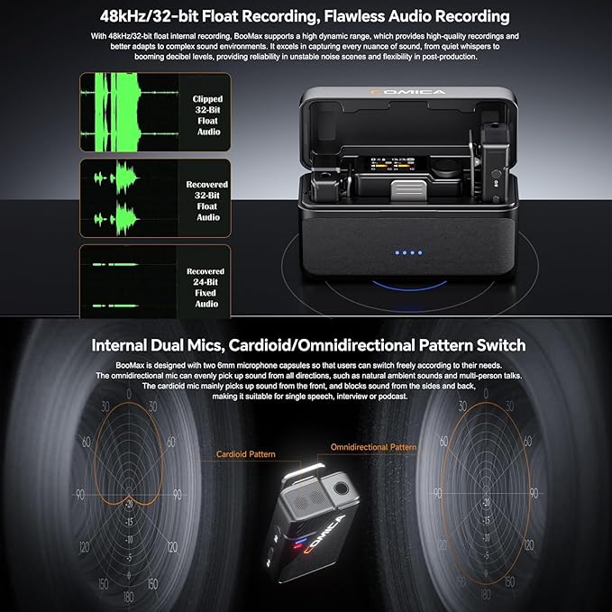 COMICA BooMax Wireless Lavalier Microphone for Cameras, Smartphones, 2.4G Internal Dual Lapel Mic with 32G Storage,Noise Cancellation,IPS Touchscreen for Vlogs, Interviews, Live Streamings,TikTok