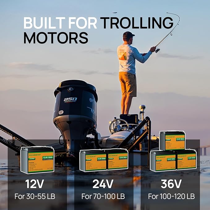 ECO-WORTHY 12V 50Ah Trolling Motor LiFePO4 Lithium Battery with BMS, 3000~15000 Times in Deep Cycle, for 30~50lb Trolling Motor, Travel Trailer, RV, Marine, Solar, Power Wheel Chair
