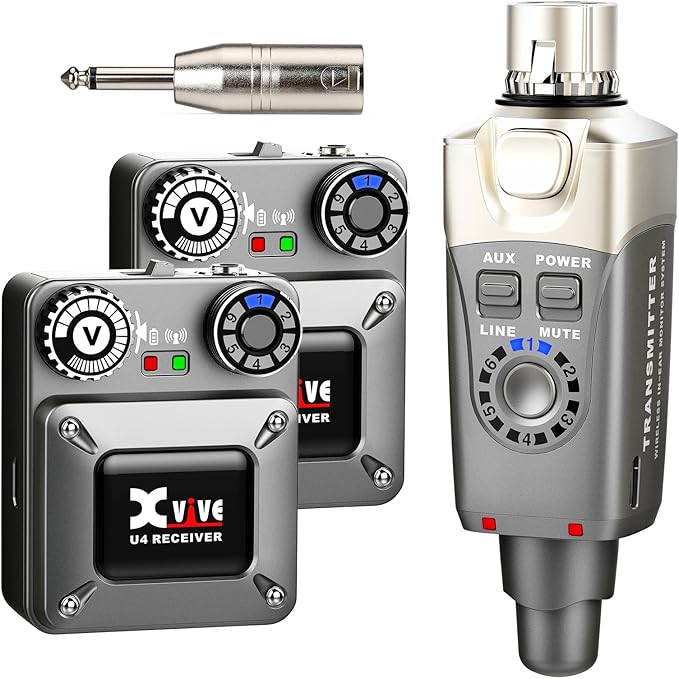 Xvive U4R2 Wireless in-Ear Monitor System Professional IEM System 1 Transmitter and 2 Beltpack Receiver for Studio, Band Rehearsal, Live Performance (U4R2)