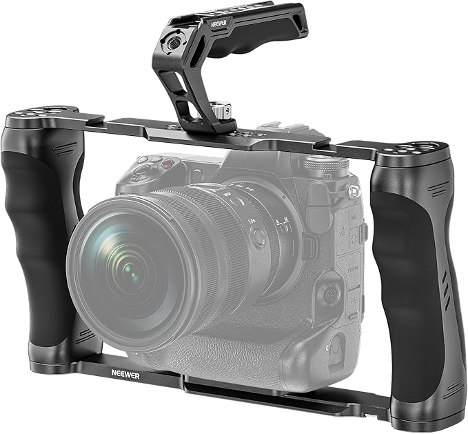 NEEWER Universal Camera Cage & Top Handle with 3/8" ARRI Locating Pins Kit, Video Rig Camera Stabilizer with Arca Type Base, Dual Handgrips, Compatible with SmallRig Accessories, CA016T