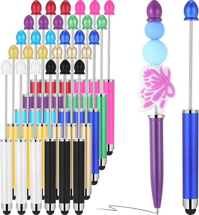 Qilery 30 Pcs Beaded Pens with Stylus Tips Plastic Beaded DIY Stylus 2-in-1 for Rubber Touch Screen Handwriting Ballpoint Pen 1.0mm, Black Ink, Office Supplies(Colorful)