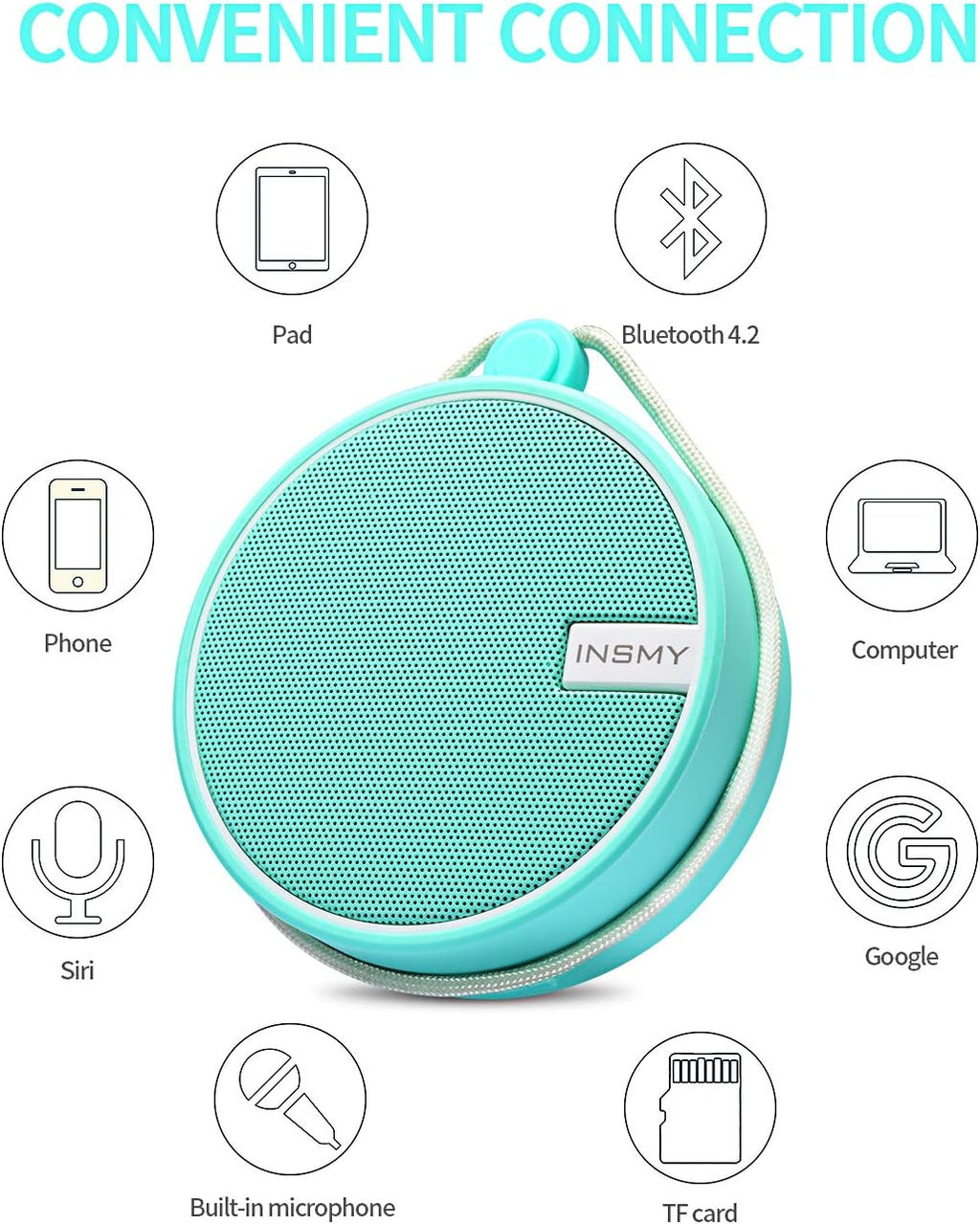 INSMY C12 IPX7 Waterproof Shower Bluetooth Speaker, Portable Small Speaker, Speakers Bluetooth Wireless Loud Clear Sound Support TF Card Suction Cup for Outdoor Kayak Canoe Beach Gift (Mint)