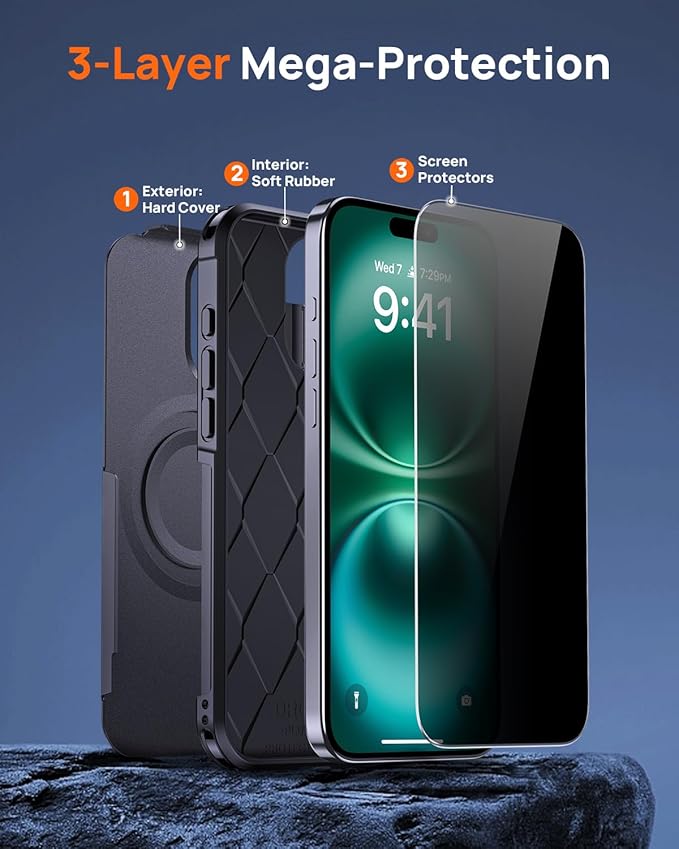 Lanhiem Magnetic for iPhone 16 Pro Case, with [2 Pcs Privacy Screen Protector] [Compatible with MagSafe] Shockproof Heavy Duty Military Grade Protective Phone Case Cover for iPhone 16 Pro (Black)