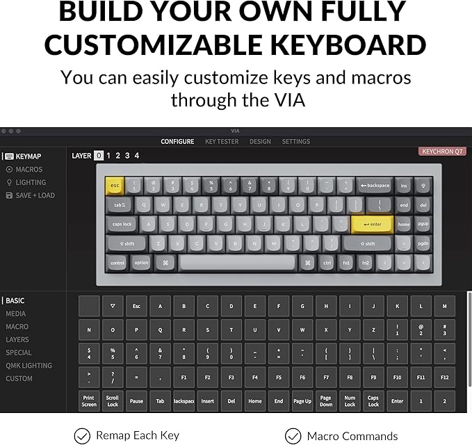 Keychron Q7 Wired Custom Mechanical Keyboard, 70% Layout QMK/VIA Programmable Macro with Hot-swappable Gateron G Pro Blue Switch Double Gasket Compatible with Mac Windows Linux (Grey)