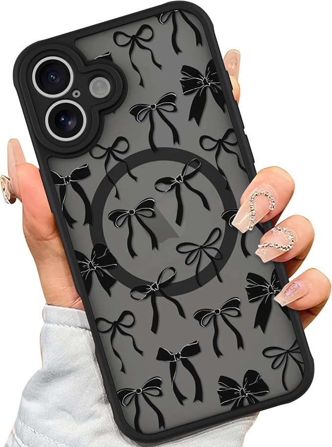 AIGOMARA Case for iPhone 16 Plus [Compatible with MagSafe] Black Ribbon Bow Pattern Design Soft TPU Bumper Hard PC Back Anti-Fall Shockproof Protective Slim Magnetic Cover for Women Girls