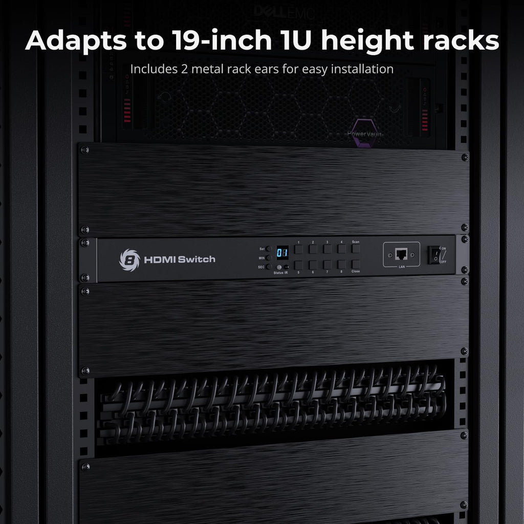 TESmart 8×1 HDMI Switch 8 in 1 Out 4K @ 60Hz HDCP with 19-inch Rack-Ears | RS-232 / LAN Control | IR Remote Control and Auto Switch | Auto Scan Time Interval - Black