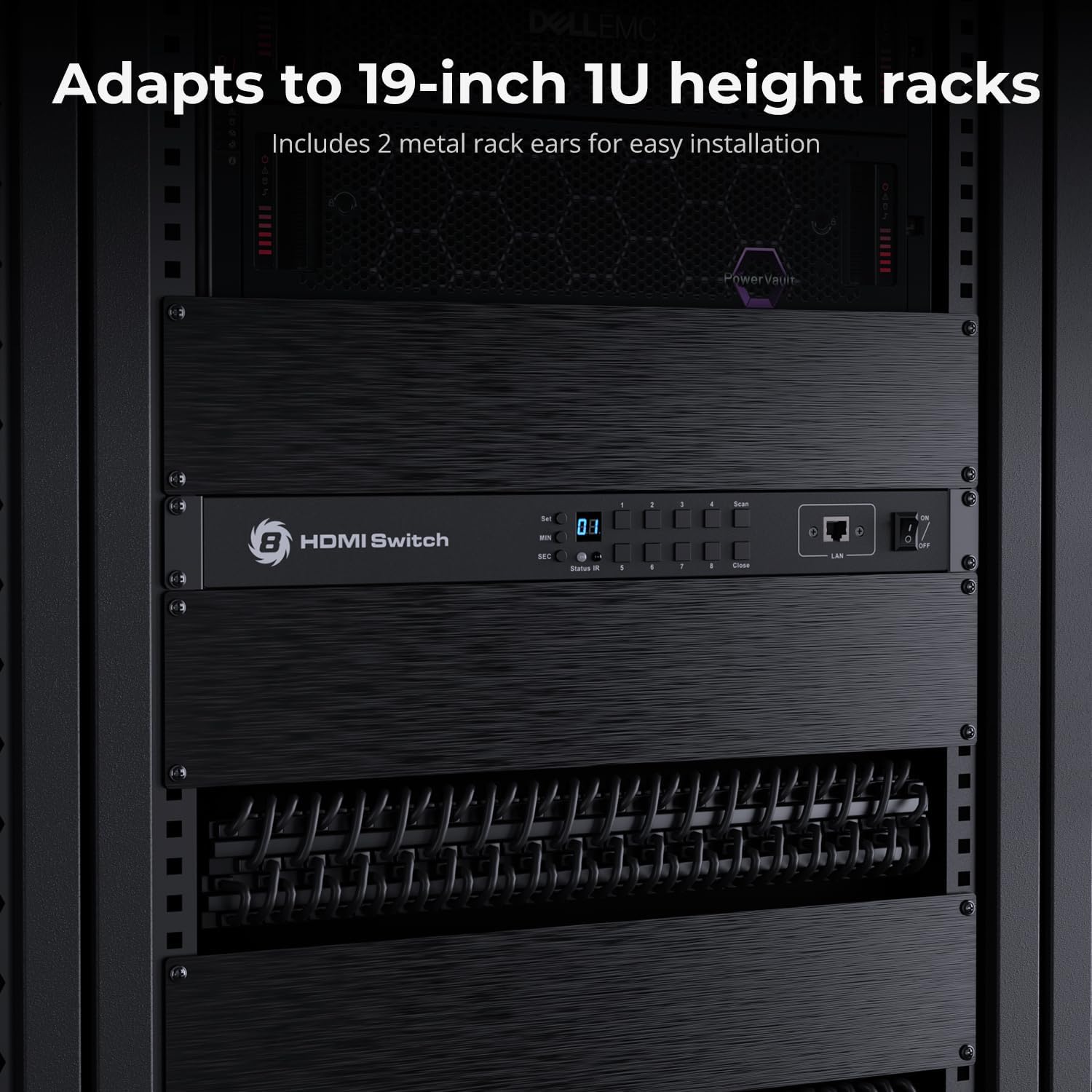 TESmart 8×1 HDMI Switch 8 in 1 Out 4K @ 60Hz HDCP with 19-inch Rack-Ears | RS-232 / LAN Control | IR Remote Control and Auto Switch | Auto Scan Time Interval - Black