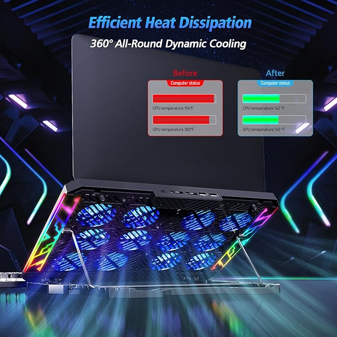 Laptop Cooling Pad with 12 Quiet Fans, Slim Portable for 12-17.3 Inch Laptop Cooler Stand with 5 Height Adjustable, Ergonomic Gaming Cooling Fan Pad with Two USB Ports & Phone Holder (Gear)