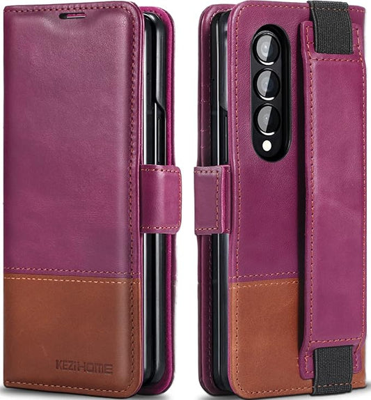 KEZiHOME for Samsung Galaxy Z Fold 4 Case, Genuine Leather Wallet Case [RFID Blocking] with Card Holder Flip Kickstand Magnetic Cover Compatible with Samsung Z Fold 4 5G (Purple/Brown)