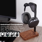 Walnut Wood & Aluminum Headset Holder, Desktop Headphone Stand, Universal headphone holder for most music gaming headsets - Black Walnut