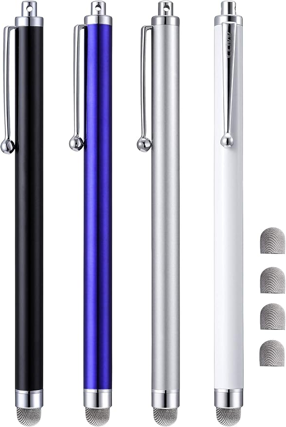 Stylus Pens, CCIVV 4 Pcs 5.6 Inches Mesh Tip Stylus for Touch Screens, iPad, iPhone, Kindle Fire, 4 Extra Replaceable Hybrid Fiber Tips (White, Black, Silver, Blue)