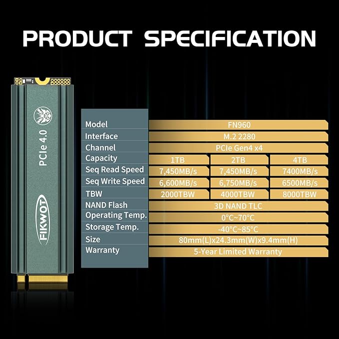 FN960 4TB M.2 2280 PCIe Gen4 x4 NVMe 1.4 Internal Solid State Drive with Heatsink - Speeds up to 5,000MB/s, Dynamic SLC Cache, Compatible PS5 Internal SSD