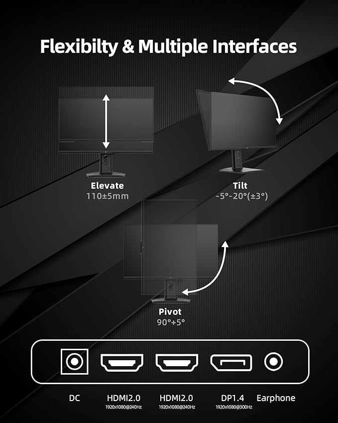 KTC 24.5 Inch 300Hz Gaming Monitor - FHD 1080P Fast IPS PC Monitor Gaming 1ms, Adaptive Sync, HDR, 240Hz Monitors Gamer with Display Port1.4x1 HDMI 2.0x2, 119% sRGB, VESA Mount, DP Cable, H25Y7