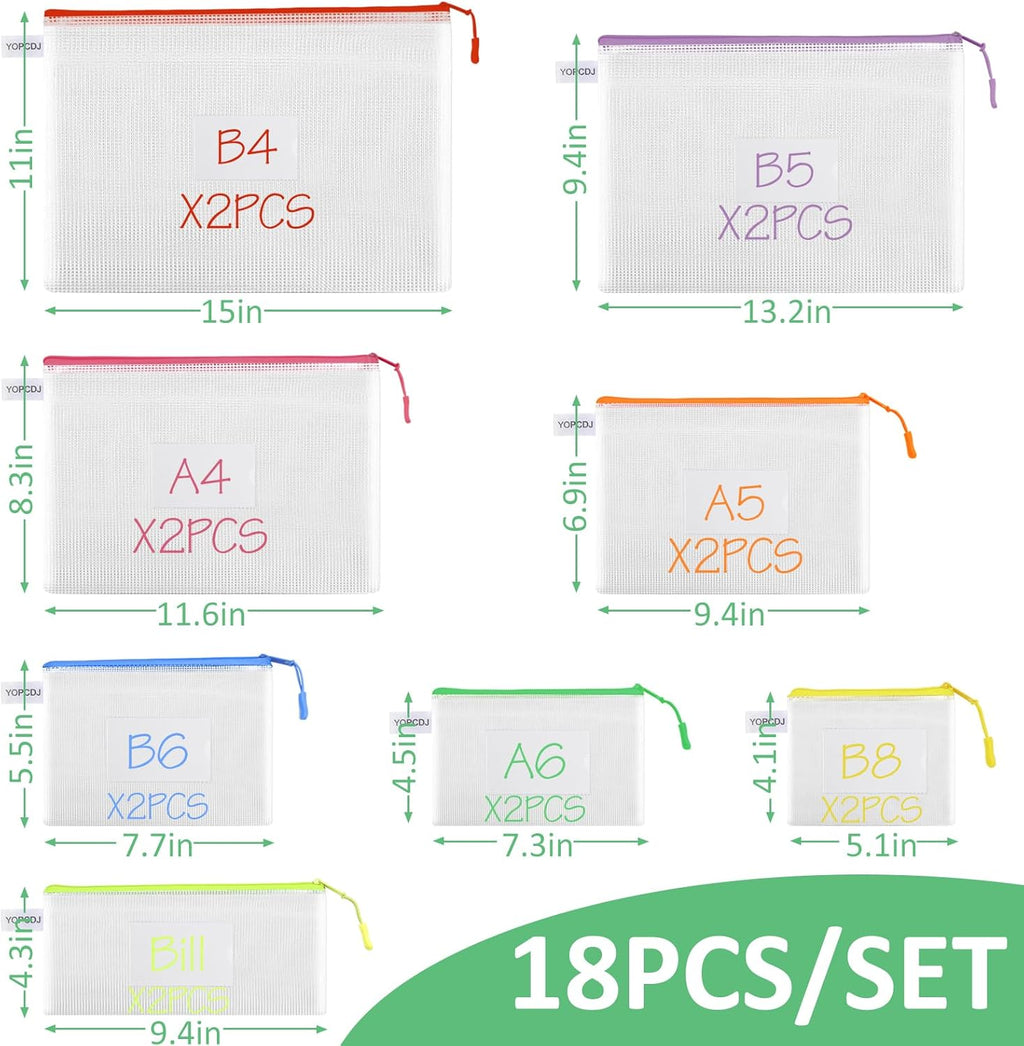 18 Pack 8 Size Mesh Zipper Pouch Bags, Waterproof Zipper Bags with Label Pocket,File Bags for Classroom Organization,Zipper Pouches of Office Supplies,Puzzles, Board Game Storage