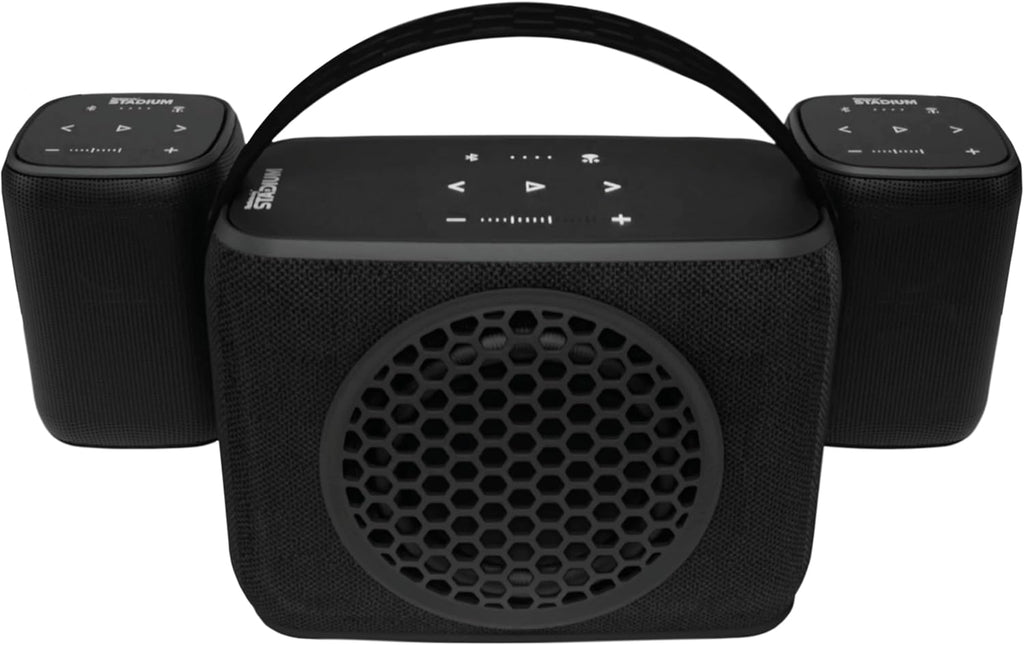 Rocksteady Stadium 2: Two Speakers and One Subwoofer 2.1 Bundle - Immersive, connectible, and up to 150 ft of Range. Up to 30 Hours of Battery Life.