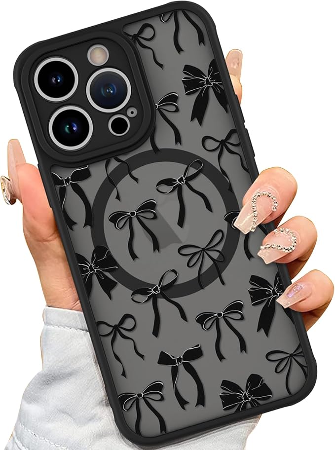AIGOMARA Case for iPhone 13 Pro [Compatible with MagSafe] Black Ribbon Bow Pattern Design Soft TPU Bumper Hard PC Back Anti-Fall Shockproof Protective Slim Magnetic Cover for Women Girls