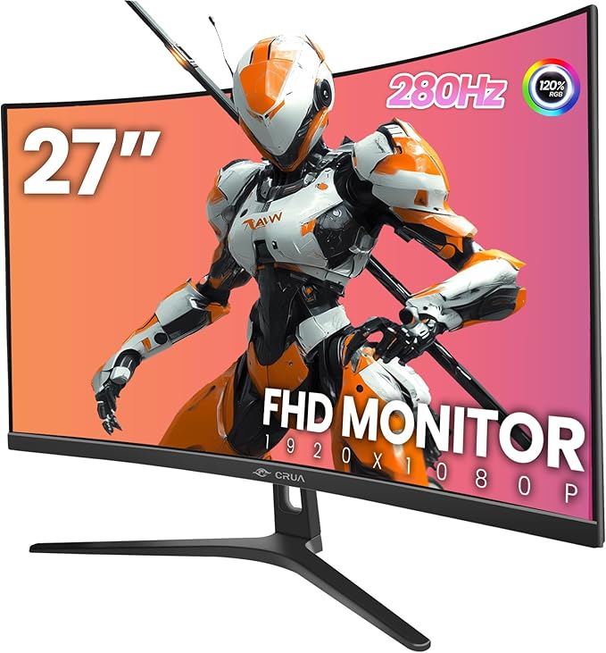 CRUA 27" Curved Gaming Monitor, 280Hz FHD (1920X1080P), 1800R VA Panel, 120% sRGB, Support AMD FreeSync, Low Blue Light, Ultra-Smooth Esports Display, HDMI 1.4 & DP 1.2, Wall Mountable Installs-Black