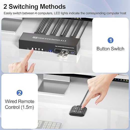 USB 3.0 HDMI KVM Switch 3 Monitors 4 Computers with 4 Port USB 3.0 Hub, 8K@60HZ 4K@120Hz 4 Port HDMI KVM Switch for 4 PCs Share 1 Set of Keyboard, Mouse and 3 Monitors