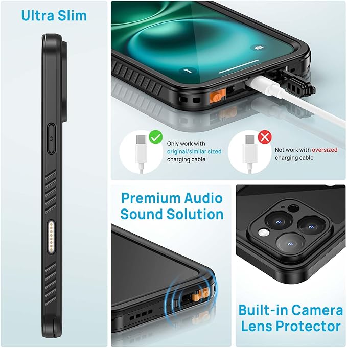 Lanhiem for iPhone 16 Pro Case, IP68 Waterproof Dustproof Shockproof 16 Pro Cases with Built-in Screen Protector, Protective Heavy Duty Rugged Phone Cover for iPhone 16 Pro - 6.3 inch (Black/Clear)