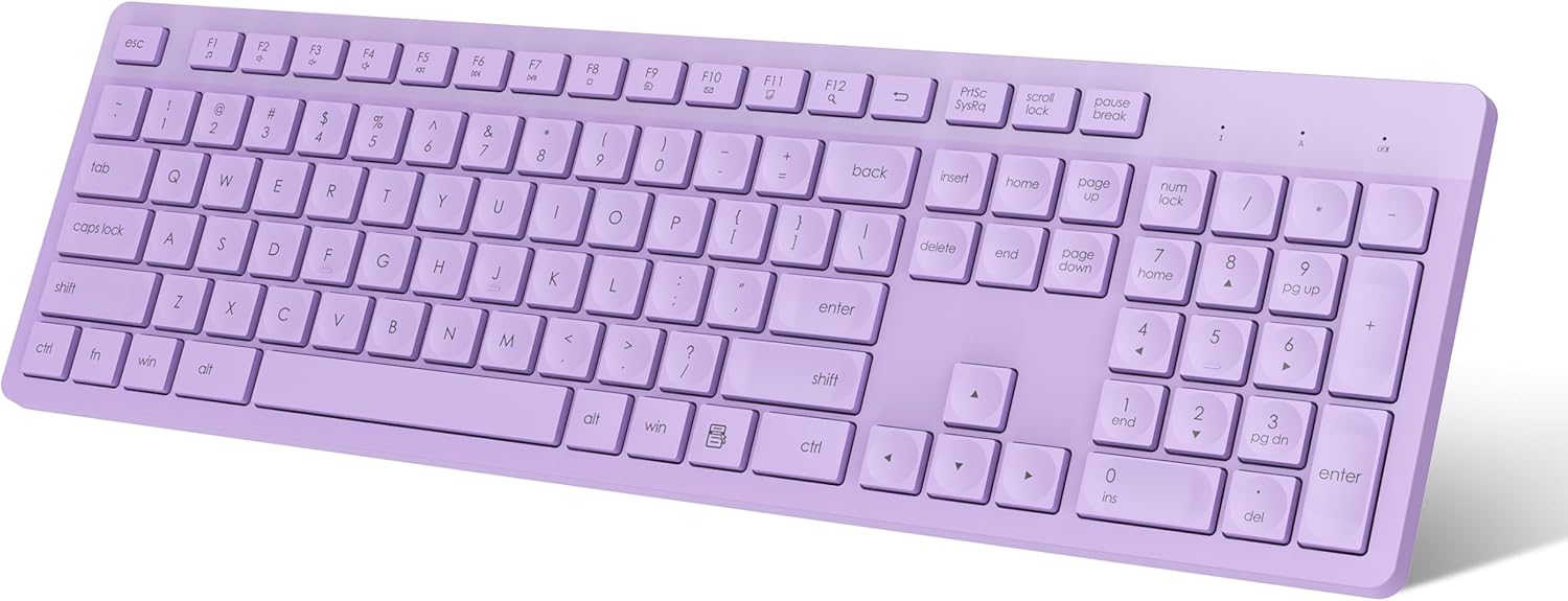 LeadsaiL Purple Wireless Keyboard, 2.4GHz Full-Sized Ergonomic Computer Keyboard, Cordless Noiseless Keyboard,12 FN Shortcuts for Windows MacOS Laptop Computer