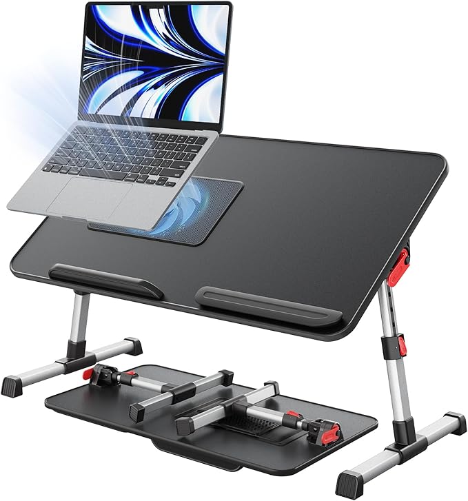 Laptop Desk for Bed with Cooling Fan, SAIJI Height & Angle Adjustable Laptop Stand for Bed, Lap Desk Tray Table, Lightweight Foldable Portable Computer Table for Couch Sofa Chair Floor Desk (Black)